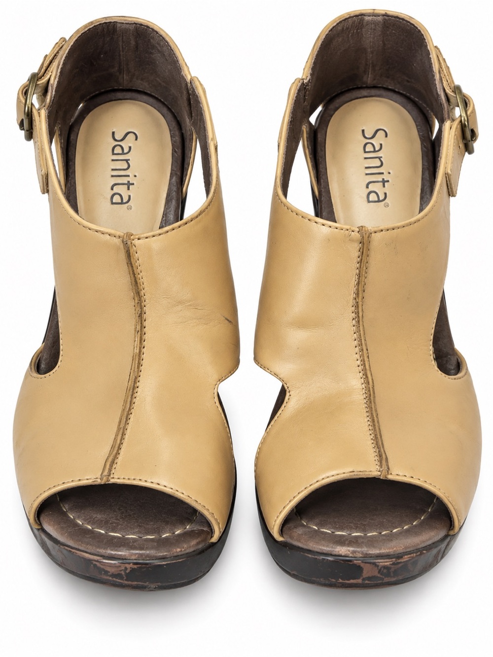 Sanita Beige Leather Open-Peep Toe Buckle Heels